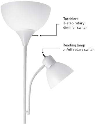 Globe Electric 67136 72" Torchiere Floor Lamp with Adjustable Reading Light, Matte White Finish, Frosted Shades, Rotary Switch on Socket, E26 Base