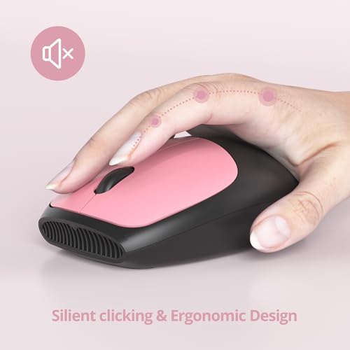 Surmen Black Pink Keyboard and Mouse Wireless Quiet, Full-Size Girly Slient Keyboard Retro Typewriter Low-Noise 2.4GHz for Computer, Desktop, Laptop (110-Heimei Pink)
