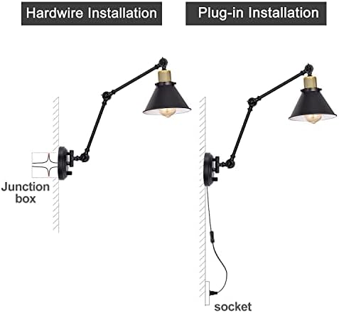 TRLIFE Plug in Wall Sconces, Dimmable Wall Sconce Swing Arm Wall Lights Plug in, Adjustable Wall Mounted Light Wall Lights with 6FT Plug in Cord, E26 Base(Two Arms, 2 Pack)
