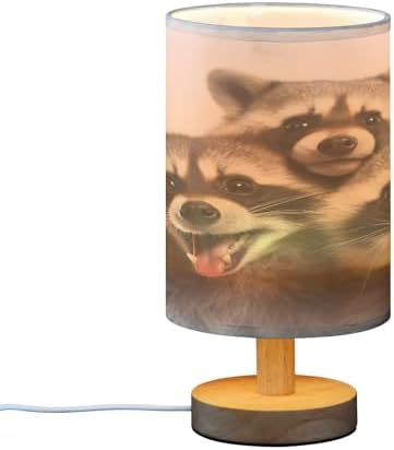 Bedside Lamp Raccoon Family Table Lamp for Bedroom LED Nightstand Lamp Shade USB Ports Wood Base for Living Room Dorm Office