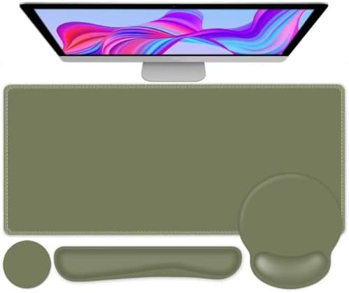 4 PCS Mouse Pad Desk Mat Protector, Keyboard Wrist Rest + Comfortable Mouse Pad Wrist Rest +Coaster, Large Gaming Mousepad for Computer Laptop, 35.4"X 15.7" Deskpad for Office Home I Olive Green