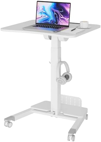BONTEC Mobile Standing Desk, Adjustable Height, 23.6 x 20.5 Inch, White