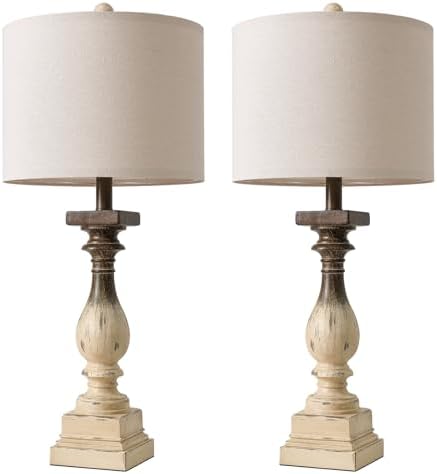 BOBOMOMO 27" Farmhouse Table Lamps with USB-A +C Ports, Vintage Rustic Side Table Lamps Set of 2, Linen Shade, Retro Bedside Night Stand Lamps for Living Room, Bedroom (Blubs not Included)