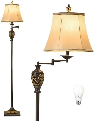 Traditional Floor Lamp with 350° Swing Arm,3 Color Temperatures,Black Gold