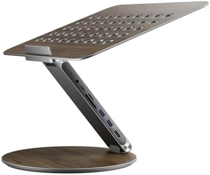 KU XIU Adjustable Laptop Stand with 7-in-1 Hub, Foldable Portable Aluminum Laptop Riser with 360° Swivel Base for Desk, Ergonomic Computer Notebook Stand Holder for All Laptops 10-17"-Gray (Wooden)