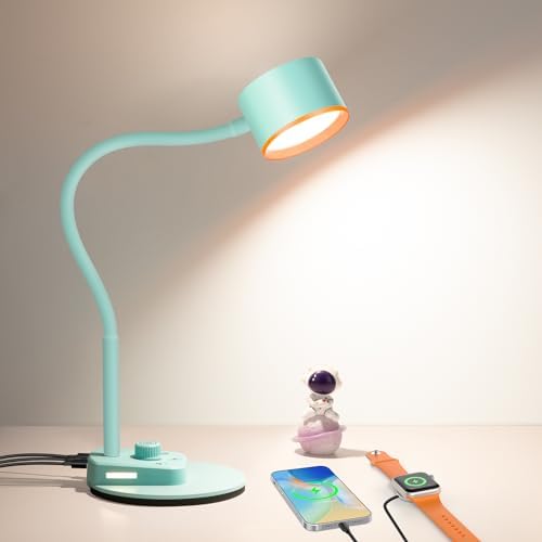 LiFMIRA Desk Lamp, Bedside Reading Lamp with USB C + A Charging Ports Teal