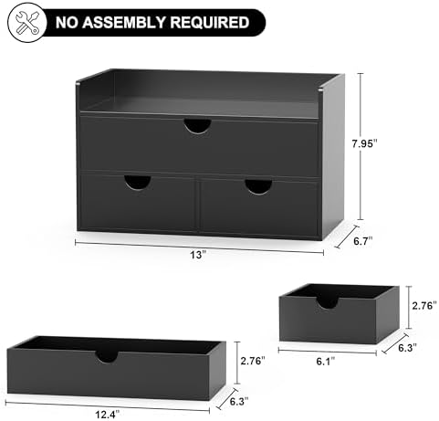 Bamboo Desk Organizer with Drawers Desktop Storage Drawers for Bills Office Supplies Kitchen Utensils Organizing Tool for Home Classroom Organization No Assembly (Black with Shelf)