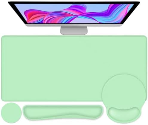 4 PCS Mouse Pad Desk Mat Protector, Keyboard Wrist Rest + Comfortable Mouse Pad with Wrist Rest +Coaster, Large Gaming Mousepad for Computer Laptop, 35.4"X 15.7" Deskpad for Office Home I Light Green