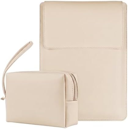 4-in-1 Laptop Sleeve with Stand and Mouse Pad, Faux Leather Protective Case with Accessory Pouch for 13.3-14 Inch Laptops (Beige)