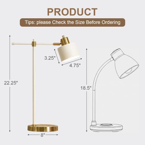 OYEARS 22.2" Modern Desk Lamp, Metal Table Lamp with LED Bulb, Adjustable Reading Lamps for Living Room, Mid Century Nightstand Lamp for Home Office, Industrial Bedside Lamps, Cream and Gold