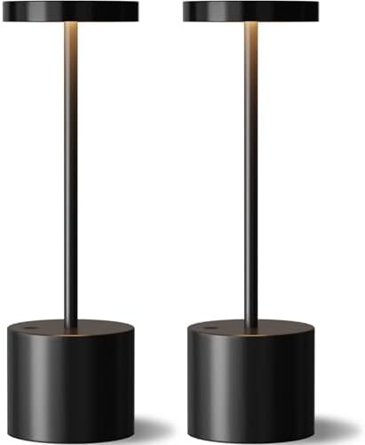 Cordless Rechargeable Table Lamp, 4000mAh Battery Operated, Black, 2 Pack