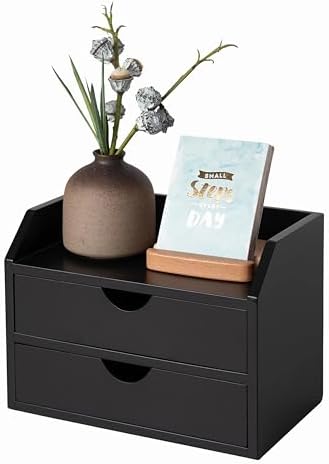 ROSE BLOOM Black Wood Desk Organizer with 2 Drawer, Mini Cute Cabinet with Storage Shelf for Tabletop, Small Desktop Box Organizer for Cosmetic Office Supplies