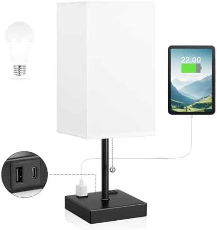 aooshine 17.4" White Bedside Table Lamp for Bedroom - USB C+A, 2 AC Outlets
