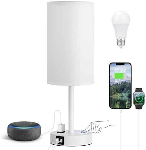 Fenmzee 17.4" White Lamp for Bedroom - Dimmable Touch, USB A+C, AC Outlet