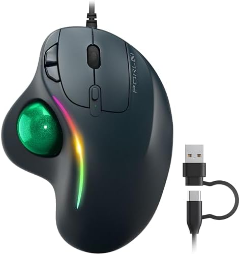 Wired Ergonomic Trackball Mouse, 34mm Thumb Control, RGB Lighting