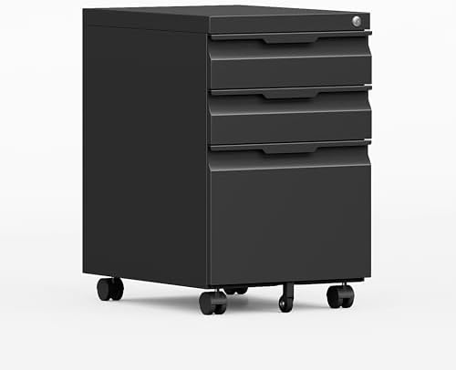 3 Drawer File Cabinet with Lock and Wheels,Rolling File Cabinets with Lock,Vertical Metal Filing Cabinet for Legal/Letter/A4 File-Black/Assembly Required