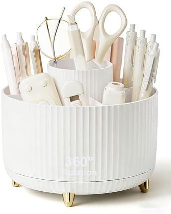 Pencil Pen Holder 5 Slots 360°Degree Rotating Pen Organizers for Desk Desktop Storage Stationery Supplies Cute Pencil Cup Pot Kids Desk Organizer for Office Home School（White 2