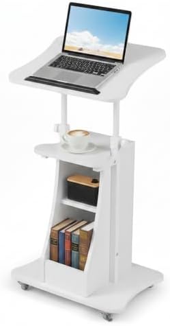 Tangkula Mobile Lectern Podium, Height Adjustable Podium Stand, Standing Sit-to-Stand Desk, Rolling Cart Laptop Desk with Swivel Top Movable Wheels & Storage