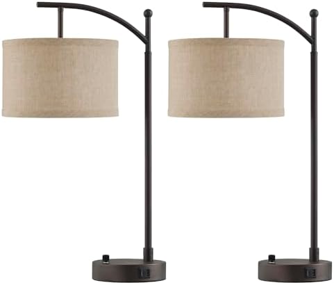 Table Lamp Set of 2, 23.5" Bedside Lamps with USB C+A Ports, Brown