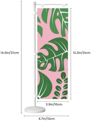 Green and Pink Palm Leaf Deluxe Desk Flag Set, 12 x 4 Inch Miniature Table Flag with 14" Pole & Stand Base