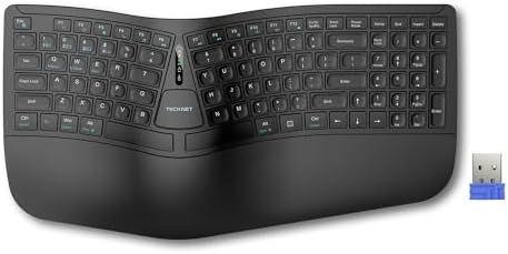 TECKNET Wireless Ergonomic Keyboard Rechargeable, 2.4G+Bluetooth Ergo Cordless USB Computer Keyboard, Wrist Rest, Natural Typing, Stain-Resistant Fabric, Compatible For Windows Computer Desktop Laptop