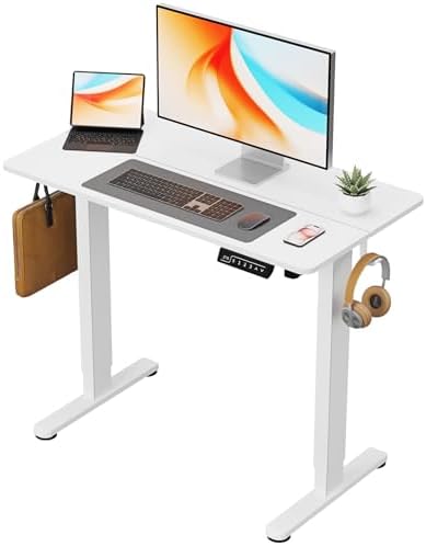 40" Electric Standing Desk, White Standing Desk with 2 Hooks