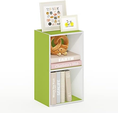 Furinno PASIR Book Shelf, 2-Tier Modern Bookshelf, Open Shelves Bookcase 9 x 12 x 21, Easy Assembly, for Living Room, Bedroom, Home Office, Green/White