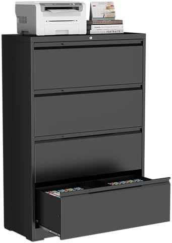 4 Drawer Lateral File Cabinet with Lock,Metal File Cabinet for Home Office,Heavy-Duty Steel Locking File Cabinet, Hanging Letter/Legal/A4 Size,Full-Extension Silent Drawer,Un-Assembly,Black