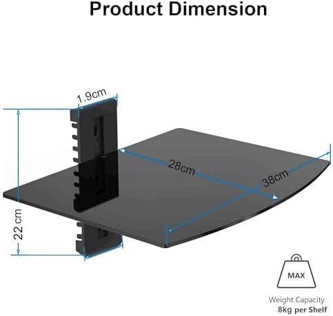 suptek Glass Floating Shelf, 1 Tier Media Shelf for TV Accessories, Flat Black Wall Mount Bracket, 17.6lbs Weight Capacity, Quick Installation, Cable Management, Custom Style, Backless