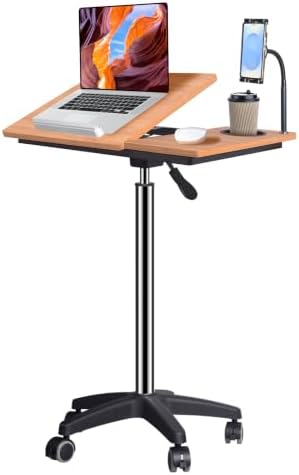 Mobile Laptop Stand Desk on Wheels, Height Adjustable Rolling Cart with Tilting Tabletop and Cup Holder (XX-Large)