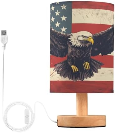 Bedside Lamp American Flag Eagle Table Lamp for Bedroom LED Nightstand Lamp Shade USB Ports Wood Base for Living Room Dorm Office