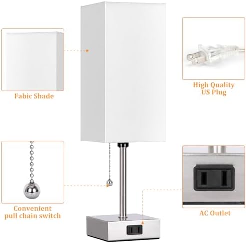 Dott Arts Touch Control Bedside Lamp, 3 Way Dimmable Nightstand Lamp with 2 USB Ports & AC Outlet, Modern Style, White Fabric Shade