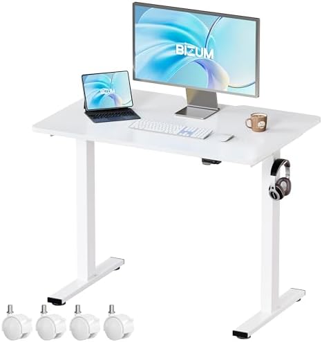 BIZUM 35.4" Small Electric Standing Desk Height Adjustable, Whole Piece Stand Up Computer Desk Work Study Writing Gaming Desks for Home Office White