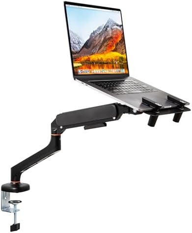 Mind Reader Gas Spring Laptop Desk Mount, Fits 11.6–17.3" Laptops or Monitors, 180° Rotate, 13.2 lb Capacity, Single Arm with Integrated Cable Management, Adjustable Tilt/Swivel, Black