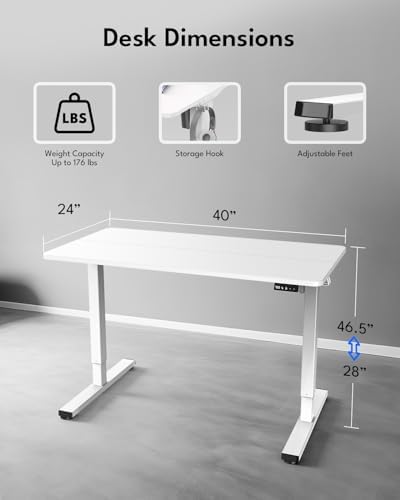 Electric Standing Desk, Gaming Desk, 40 x 24 Inch, White