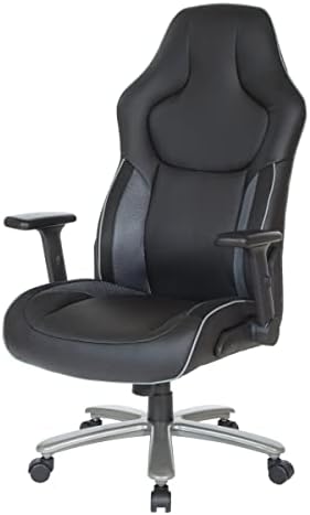OSP Home Furnishings ECH Series Big and Tall Bonded Leather Gaming Chair for Up to 350 Pounds with Height Adjustable Flip Arms and Metal Base, Grey Mesh