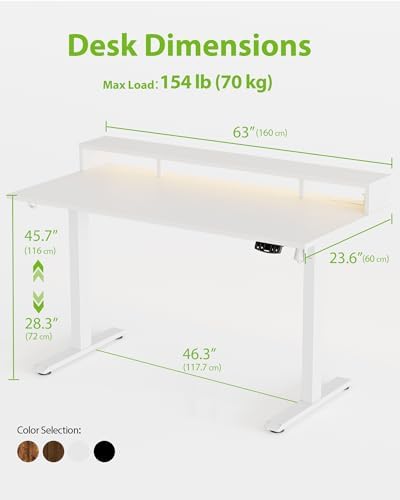 Agilestic 63 * 24 Inch Electric Standing Desk with Shelf & Led, White