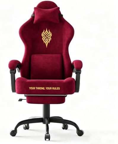 Soontrans Red Velvet Fabric Gaming Chairs with Footrest, Ergonomic Comfortable Video Gamer Chair, Reclining Office Computer Desk Game Chairs with Massage Lumbar Cushion,Headrest for Adult