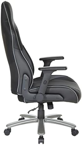 OSP Home Furnishings ECH Series Big and Tall Bonded Leather Gaming Chair for Up to 350 Pounds with Height Adjustable Flip Arms and Metal Base, Grey Mesh