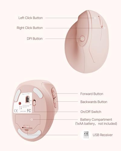 Ergonomic Mouse, USB+Bluetooth Dual Connection, Wireless Vertical Mouse for Reducing Wrist Pain, 1000/1600/2400 DPI, Ergo Mouse with Quiet Click for Windows Mac OS PC Computer Laptop, Pink