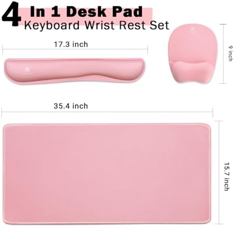 Keyboard Wrist Rest Large Mouse Pad Wrist Support for Computer, 4 in 1 Memory Foam Keyboard Pad Desk Mat Ergonomic Hand Rest Wrist Cushion for Home Office Gaming-Pink