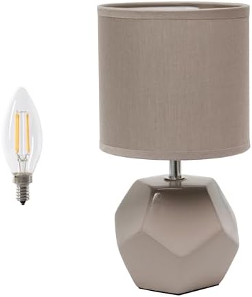 Simple Designs LT2065-GRY-LB 10.24" Round Geometric Prism Mini Table Lamp with Matching Fabric Shade, LED Bulb Included, Gray