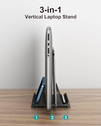 Adjustable Vertical Laptop Stand for Desk, Compatible with 11-Inch to 17.3-Inch Laptops, iPad, iPhone, MacBook Pro/Air, Dell, HP, Lenovo, Asus - 3 in 1 Design Computer Stand (Black)