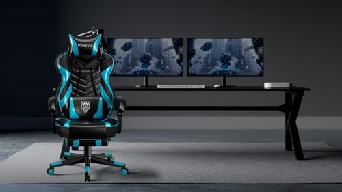 Vonesse Gaming Chair, Big and Tall Gaming Chair with Footrest and Massage, Gaming Chairs for Adults with Lumbar Support, Ergonomic High Back Computer Chair with Pocket Spring Cushion (Cyan/Black)