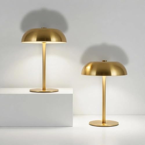 2 Pack Portable LED Mushroom Table Lamp, Metal Cordless Desk Night Light, Stepless Dimming Touch Lamp with 3 Colors for Bedroom Bedside Restaurant Bar, Golden