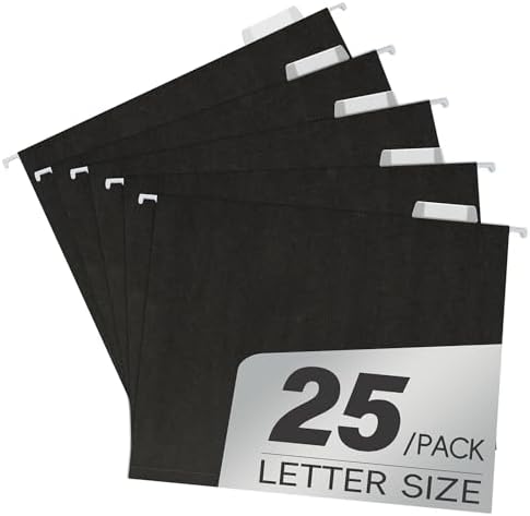 pmybupo Hanging File Folders,25 Pack Letter Size Black Hanging File Folders with 1/5-Cut Tabs,11 Point Paper Stock,Bulk for Filing Cabinet