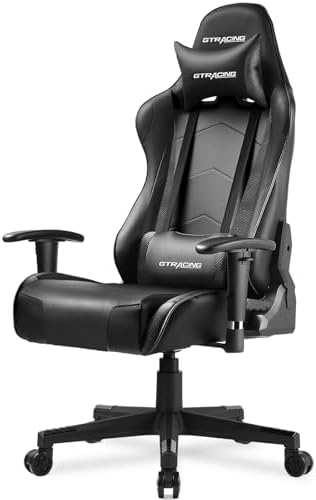 GTRACING Gaming Chair with Reclining Backrest, Adjustable Height and Swivel Base, Ergonomic Computer Chair with Headrest and Lumbar Support (Black)