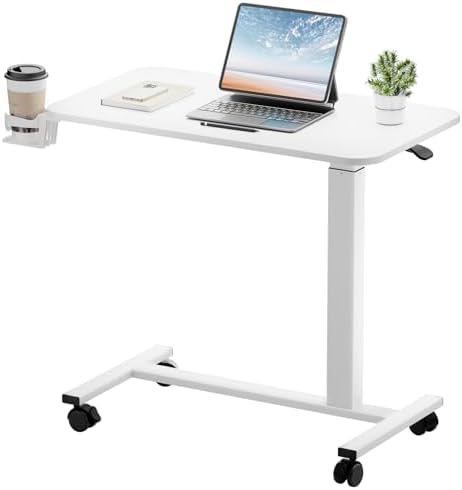 GTPLAYER Small Standing Desk with Lockable Wheels, Pneumatic Mobile Rolling Laptop Desk,Adjustable Height Overbed Bedside Table Computer Workstation for Home Office (32" W x 18" D, White)