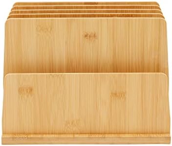 Bamboo Wooden Mail Holder, File Sorter for Letter and Folder Document Storage, Envelope Organizer with 5 Slots for Office Desk, Countertop, Home Organization (10x7 in)