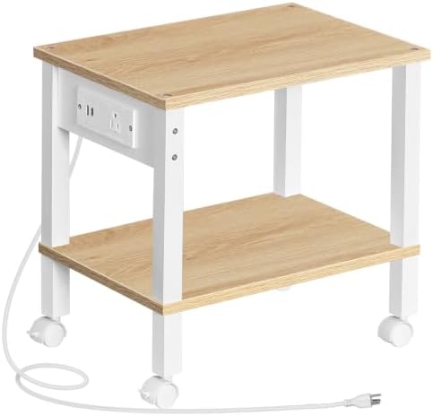 HOOBRO 2-Tier Printer Stand with Charging Station, Under Desk Printer Table, Printer Cart with Storage Shelves, Shelf for Small Spaces, for Home Office, Natural WN38UPS01